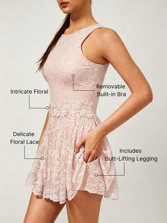 Built-in Bra 3D Floral Cut Out Lace Crew Neck Sleeveless Tennis Dress Pink