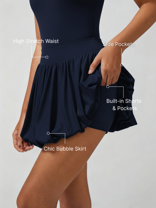 Pocket Stitching Bubble Tennis Skirt Navy Blue