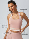Cute Bow Halter Neckline Crop Tank Top with Built-in Bra Pink