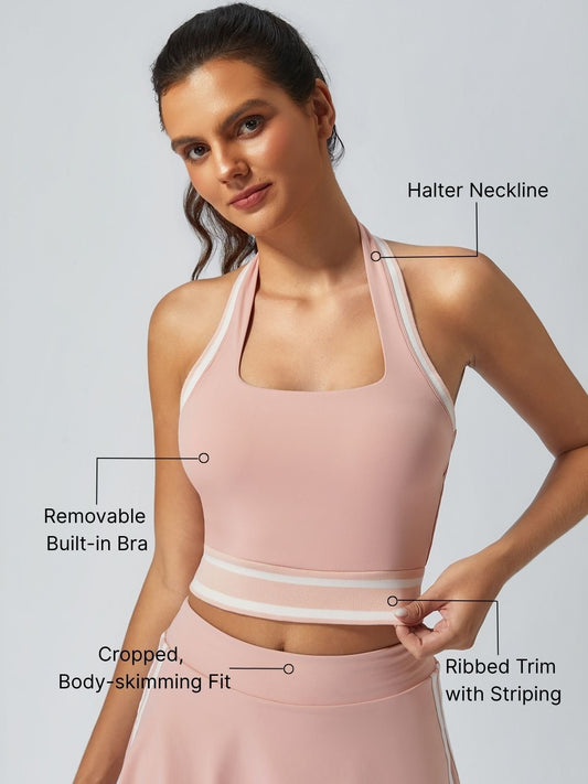 Cute Bow Halter Neckline Crop Tank Top with Built-in Bra Pink