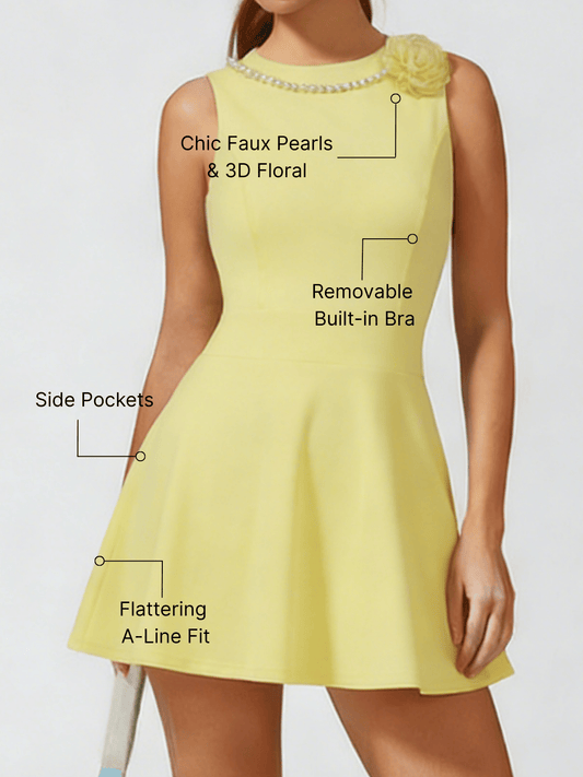 Faux Pearls 3D Floral Golf Dress Yellow