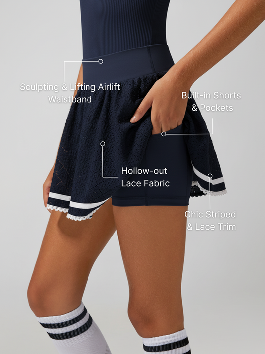 High Elasticity Hollow Out Tennis Skirt Navy Blue