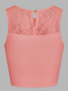 Lace Splicing Crew Neck Crop Tank Top Berry Pink