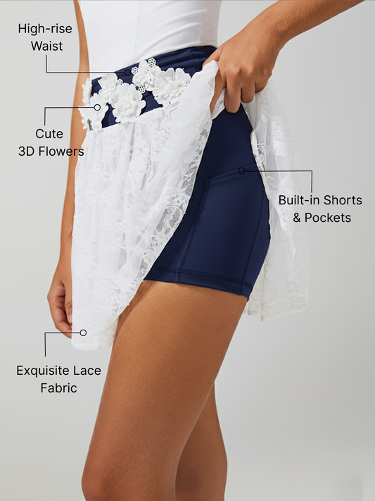 Lace 3D Flowers Pleated Tennis Skirt Purplish Blue