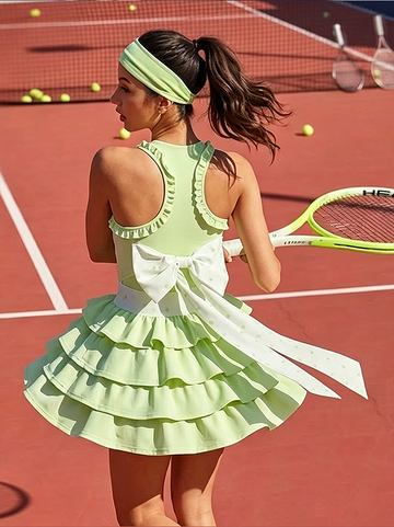 Built-in Bra Bow Folds Crew Neck Sleeveless Tennis Dress