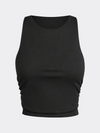 Women's Black Built-in Bra Shirred Crew Neck Sleeveless Tank Top