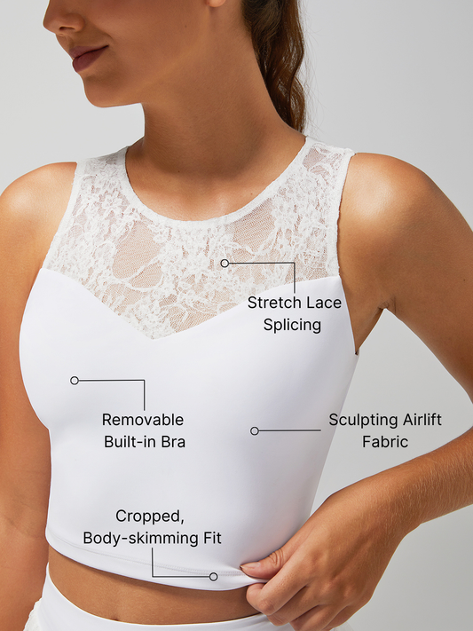 Lace Splicing Crew Neck Crop Tank Top with Built-in Bra
