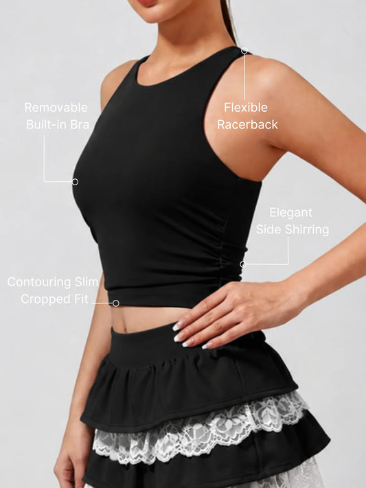 Women's Black Built-in Bra Shirred Crew Neck Sleeveless Tank Top
