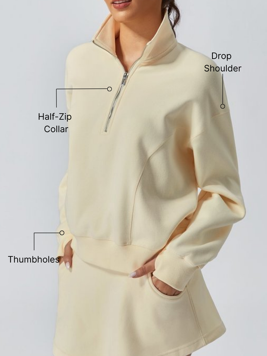 Soft Butter Casual Plain Drop Shoulder Stand Collar Sweatshirt