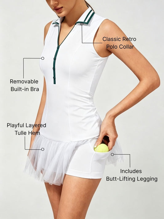 High-Elastic Button Detail Webbing Polo Collar Sleeveless Tennis Dress White