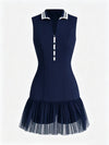 High-Elastic Button Detail Webbing Polo Collar Sleeveless Tennis Dress