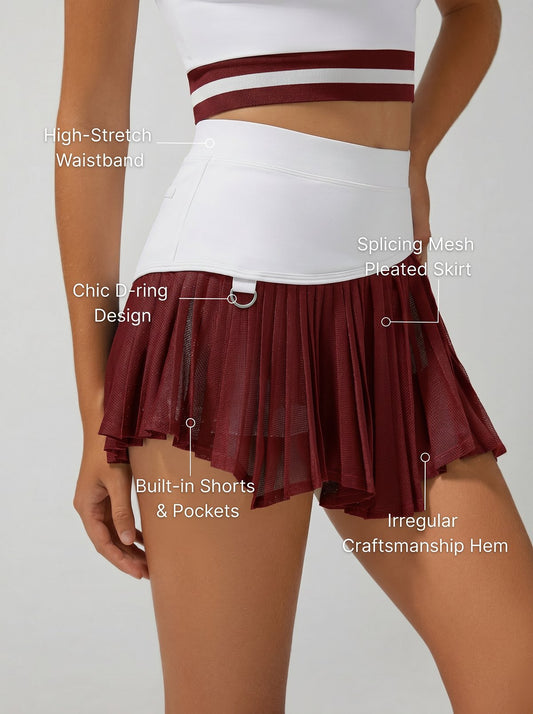 Pleated Irregular Craftsmanship Tennis Skirt Burgundy