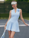Built-in Bra 3D Floral Pleated Notched Sleeveless Tennis Dress