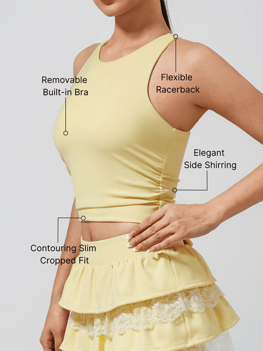 Women's Built-in Bra Shirred Crew Neck Sleeveless Crop Tank Top