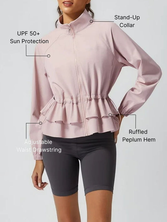 Women's Waterproof Drawstring Ruffled Stand Collar Jacket