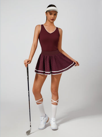 Breathable Hollow Out A-Line Golf Skirt Wine Red