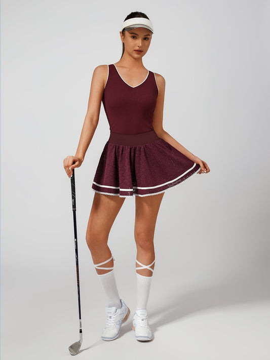 Breathable Hollow Out A-Line Golf Skirt Wine Red