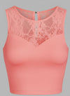 Lace Splicing Crew Neck Crop Tank Top Berry Pink
