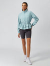 Women's Water-Repellent Drawstring Ruffled Stand Collar Jacket Blue