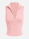 Front Zipper Stand Collar Tank Top Pink