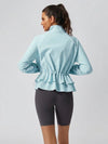 Women's Water-Repellent Drawstring Ruffled Stand Collar Jacket Blue