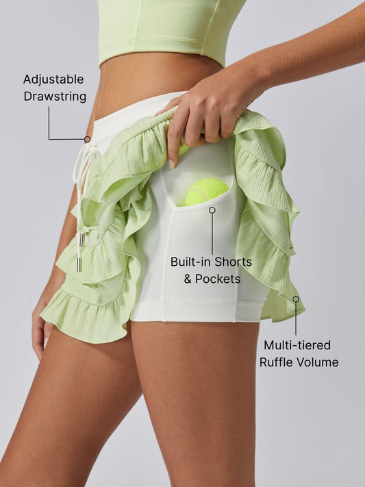 Contrast Waist Tiered Ruffles Tennis Skirt Green