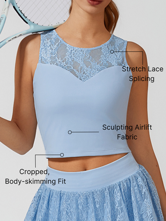 Lace Splicing Crew Neck Crop Tank Top Light Blue