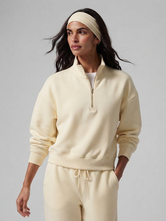 Fleece-Lined Soft Butter Casual Plain Drop Shoulder Stand Collar Sweatshirt