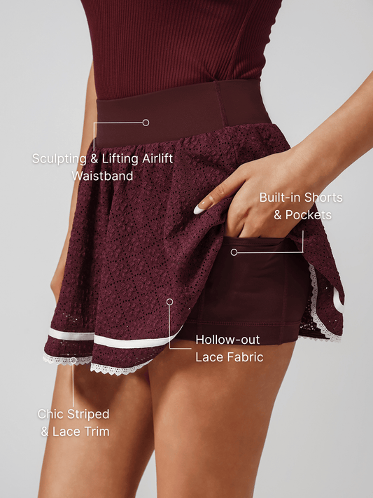 High Elasticity Hollow Out Tennis Skirt Wine Red