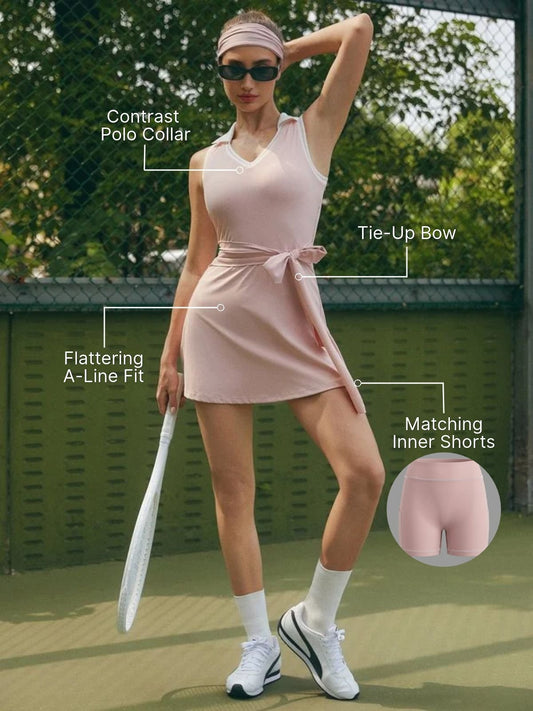 Built-in Bra Bow Shawl Collar Sleeveless Tennis Dress