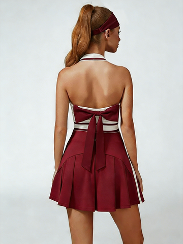 Retro Side Stripe Back Pleated A-line Tennis Skirt Crimson