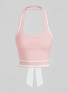Cute Bow Halter Neckline Crop Tank Top with Built-in Bra