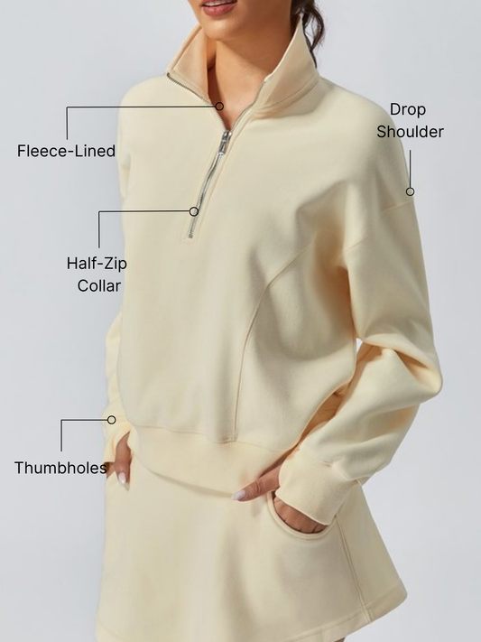 Fleece-Lined Soft Butter Casual Plain Drop Shoulder Stand Collar Sweatshirt