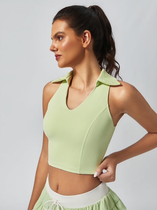High Elasticity Lace Polo Crop Tank Top Green