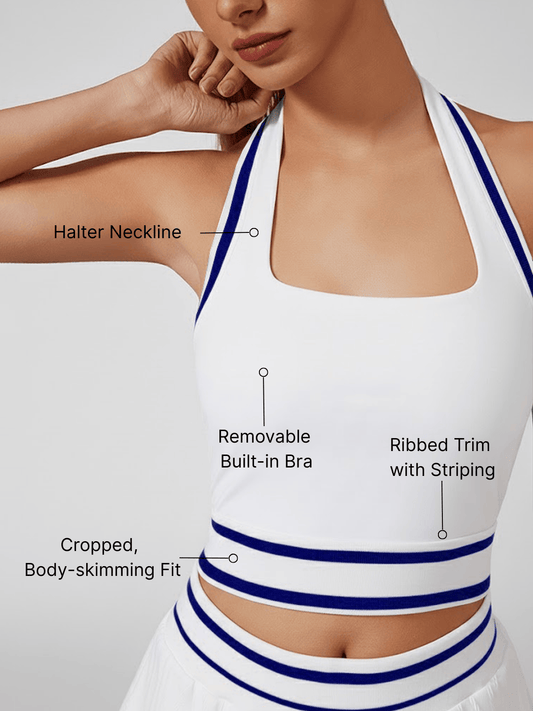 Cute Bow Halter Neckline Crop Tank Top with Built-in Bra Purplish Blue