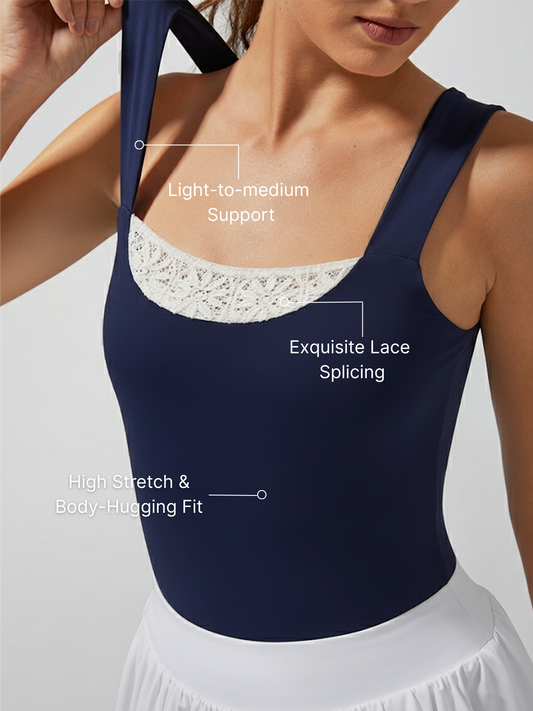 Lace Trim Wide Straps Square Neck Tank Top Purplish Blue