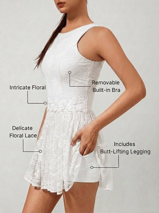 Built-in Bra 3D Floral Cut Out Lace Crew Neck Sleeveless Tennis Dress White