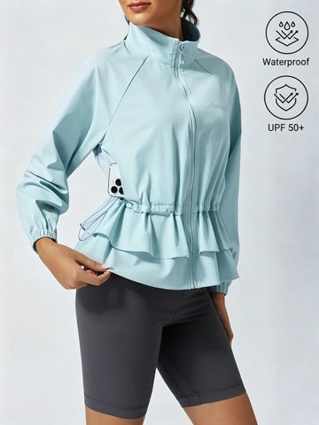 Women's Water-Repellent Drawstring Ruffled Stand Collar Jacket Blue
