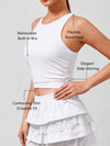 Women's White Built-in Bra Shirred Crew Neck Sleeveless Tank Top