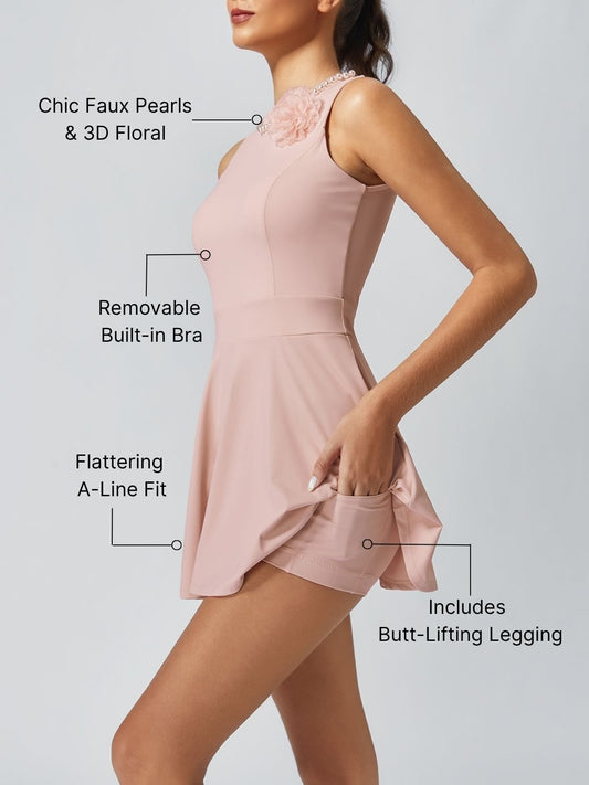 Faux Pearls 3D Floral Tennis Dress Pink