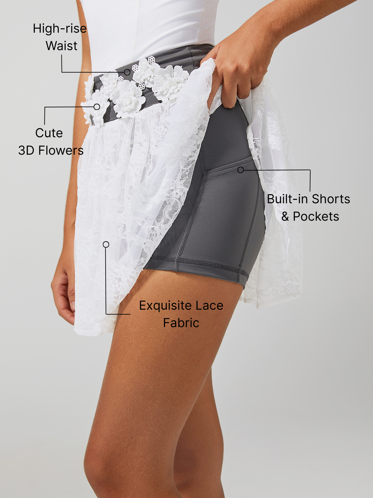 Lace 3D Flowers Pleated Tennis Skirt
