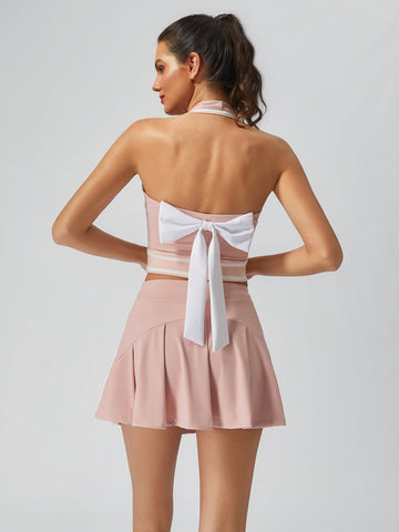 Retro Side Stripe Back Pleated A-line Tennis Skirt Pink