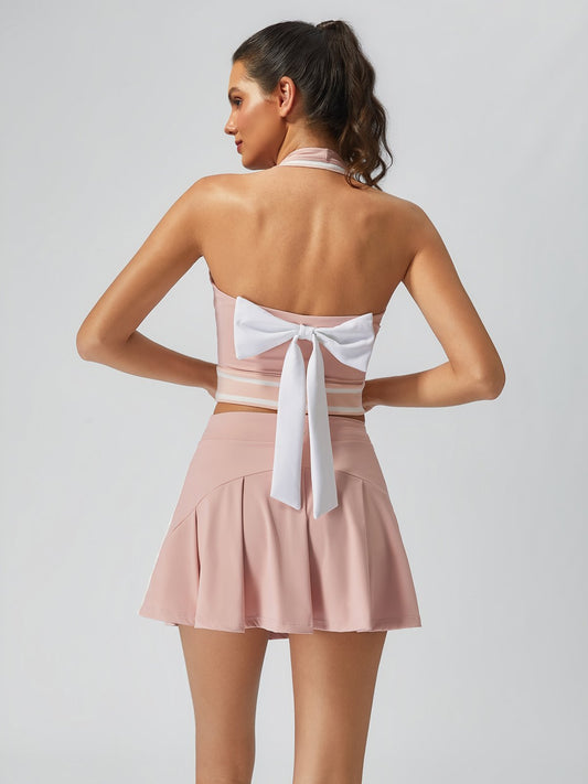 Retro Side Stripe Back Pleated A-line Tennis Skirt Pink
