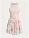 Built-in Bra 3D Floral Cut Out Lace Crew Neck Sleeveless Tennis Dress Pink