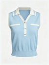 Women's Breathable Knit Polo Collar Sleeveless Tank Top Blue
