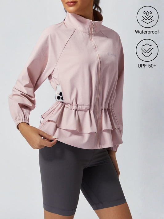 Women's Waterproof Drawstring Ruffled Stand Collar Jacket