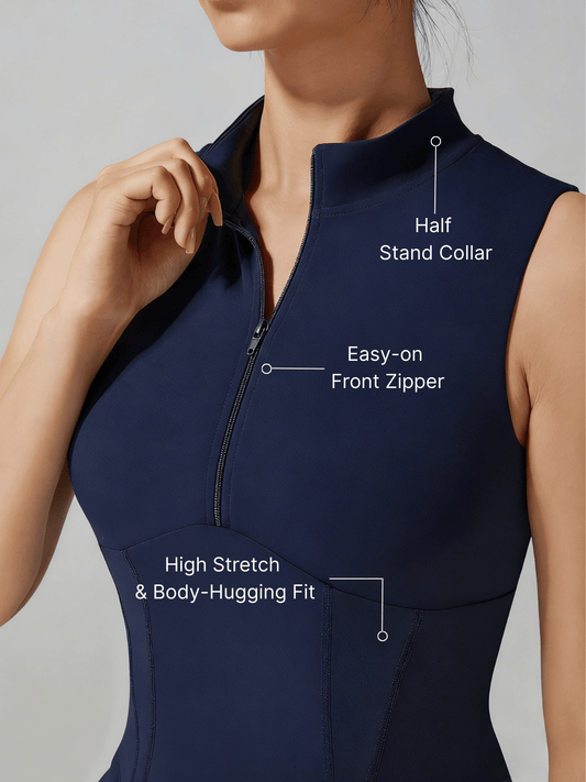 Front Zipper Stand Collar Tank Top Navy Blue