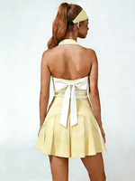 Retro Side Stripe Back Pleated A-line Tennis Skirt Yellow With Built-In Shorts