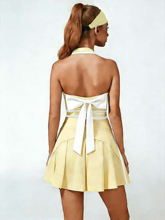 Retro Side Stripe Back Pleated A-line Tennis Skirt Yellow