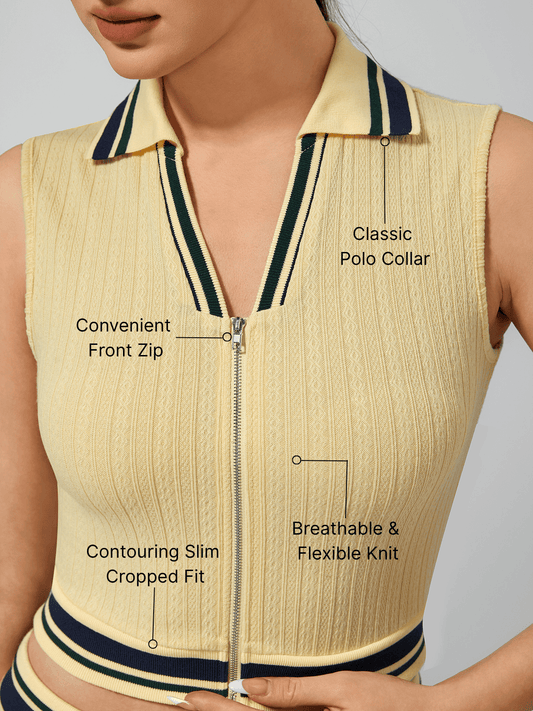 Women's Full-Zip Knit Polo Collar Sleeveless Crop Tank Top